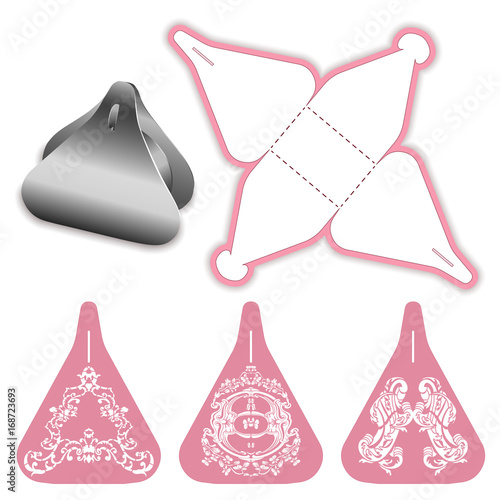Gift Box Packaging Template. Custom Set Decorative Packet design with a lace ornament. Die-stamping,  folding, ready no glue Top Lock. Laser cutting. Wedding bonbonniere. 