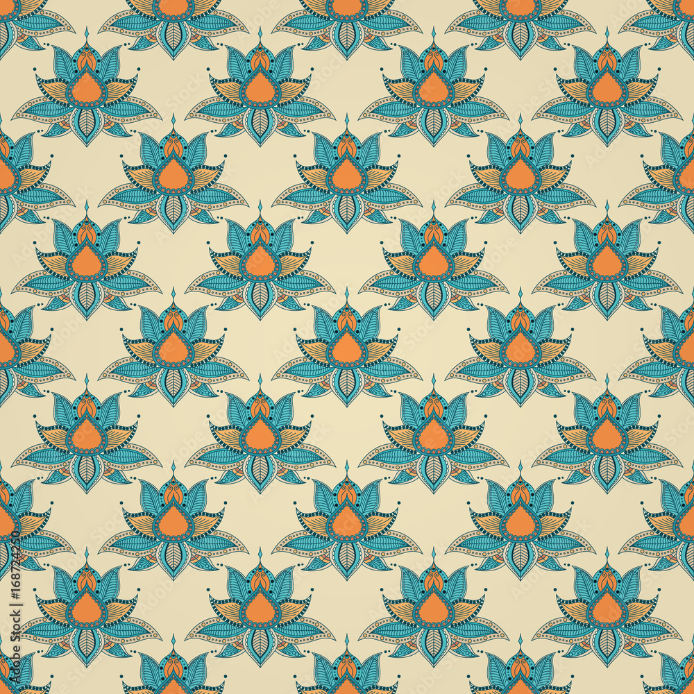 Vintage graphic vector Indian lotus mandala ethnic seamless pattern. Abstract background with flowers