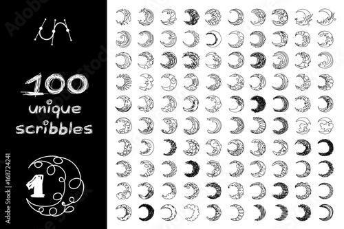 
vector SET 100 crescent SCRIBBLES Part 1. Clip art isolated on transparent background.