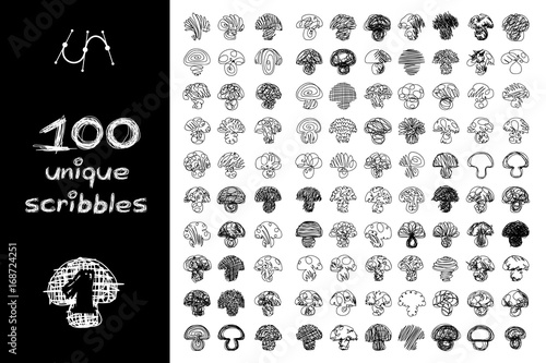 
vector SET 100 mushroom SCRIBBLES Part 1. Clip art isolated on transparent background.
