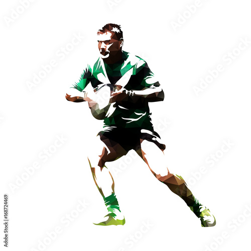 Rugby player with ball, abstract polygonal vector silhouette, front view