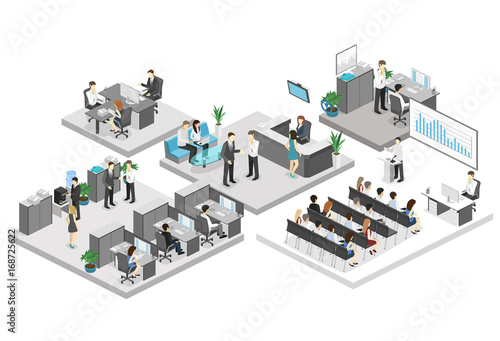 Isometric conference hall, offices, workplaces, director of the office interior