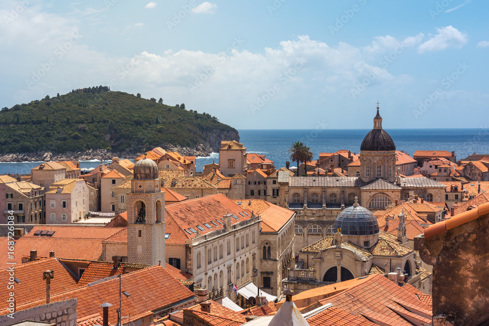 Famous Orange Rooftops of Dubrovnik Croatia Cityscape Aerial View Walking Along Fortress Walls