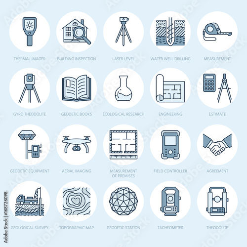Geodetic survey engineering vector flat line icons. Geodesy equipment, tacheometer, theodolite, tripod. Geological research, building measurement inspection illustration. Construction service signs.