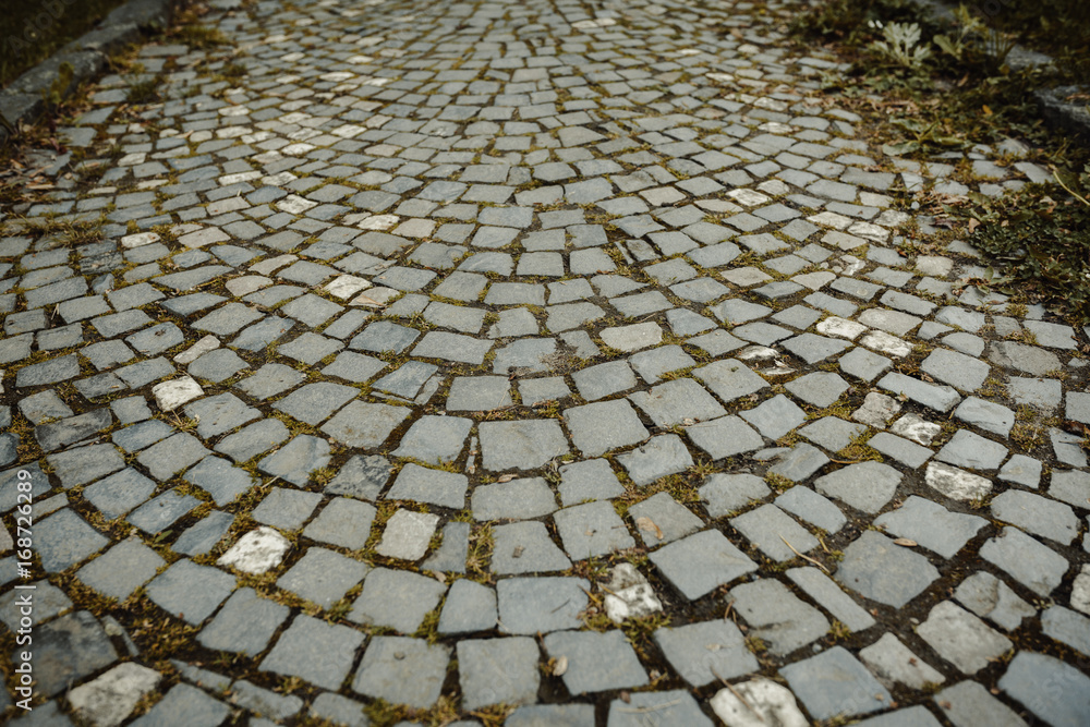 Background of cobbles with grass in the city center Background of cobbles with grass in the city center
