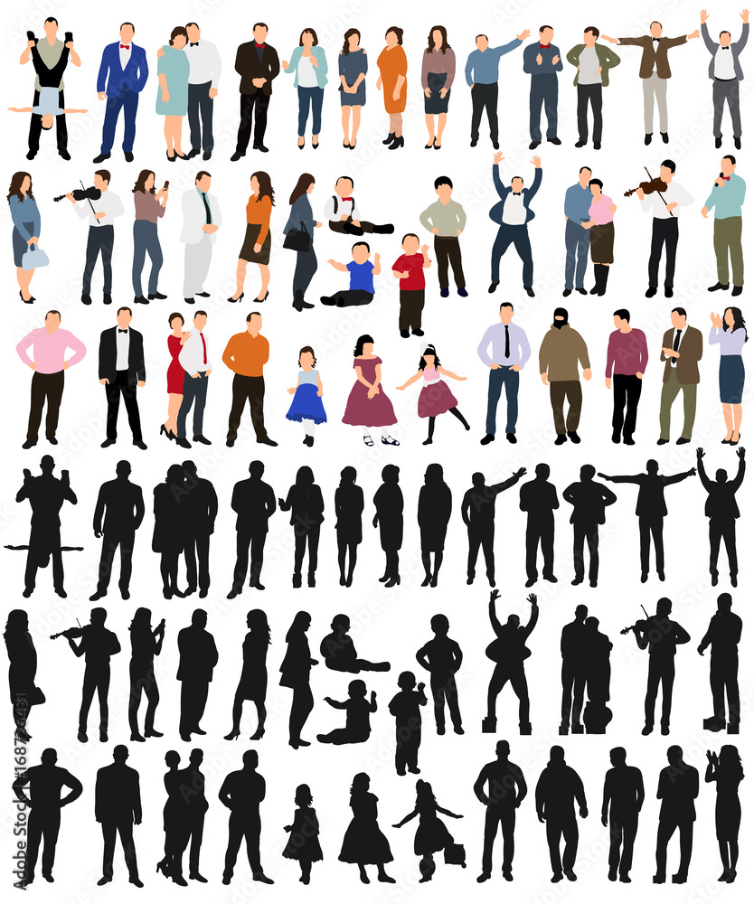  isolated, silhouette people collection, set of silhouettes of isometric people