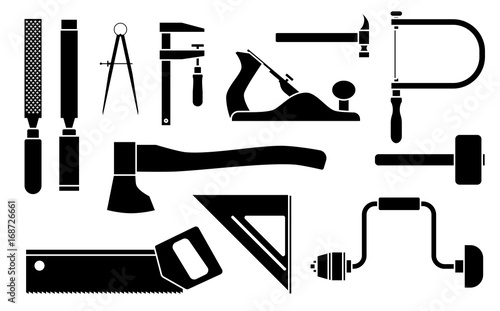 Carpentry Icons woodwork tool set. Vector illustration isolated on white background