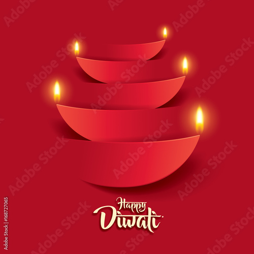 Happy Diwali. Paper Graphic of Indian Diya Oil Lamp Design. The Festival of Lights.