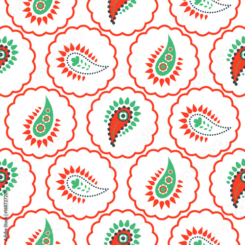 Paisley pattern seamless vector. Green and red circles asian folk floral texture for textile, fabric print and clothes. photo