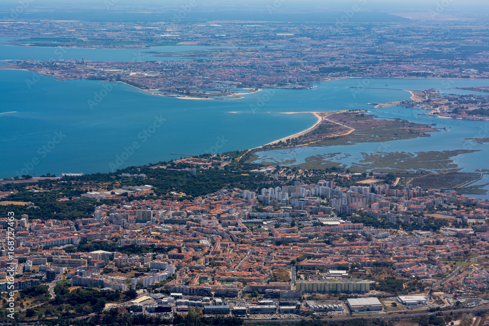Lisbon Portugal Aerial View Arrival Airplane High Altitude Perpsective Landscape