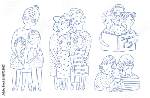 Happy grandparents with grandchildren set. Hand drawn outline illustrations collection.