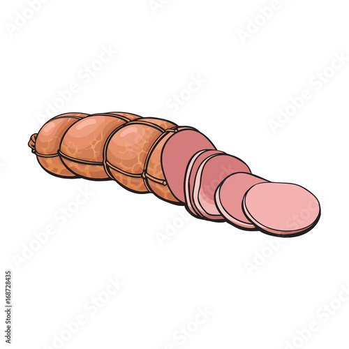 vector sketch boiled sausage with slices. Cartoon isolated illustration on a white background. Sausage and meat types concept