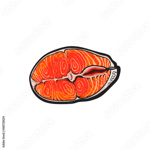 vector sea red salmon fish meat fillet steak. Isolated illustration on a white background. Sea delicacy food concept