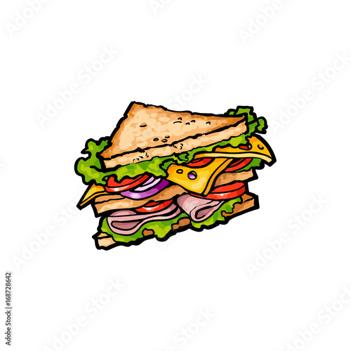 Vector sketch sandwich with vegetables. Fast food flat cartoon isolated illustration on a white background. Triangular fresh sandwich with cheese, tomato and salad