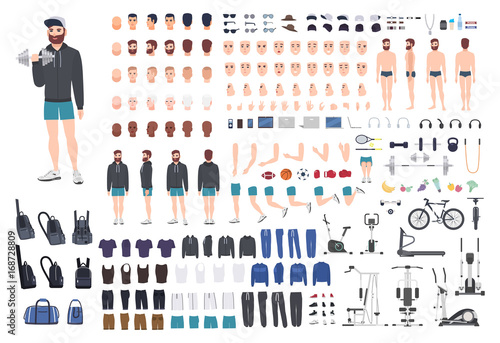 Sports guy character constructor. Bodybuilder man creation set. Different postures, hairstyle, face, legs, hands, equipment, clothes collection. Vector cartoon illustration. Front, side, back view.