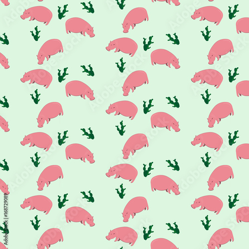 Cute pink hippo with cactus seamless pattern