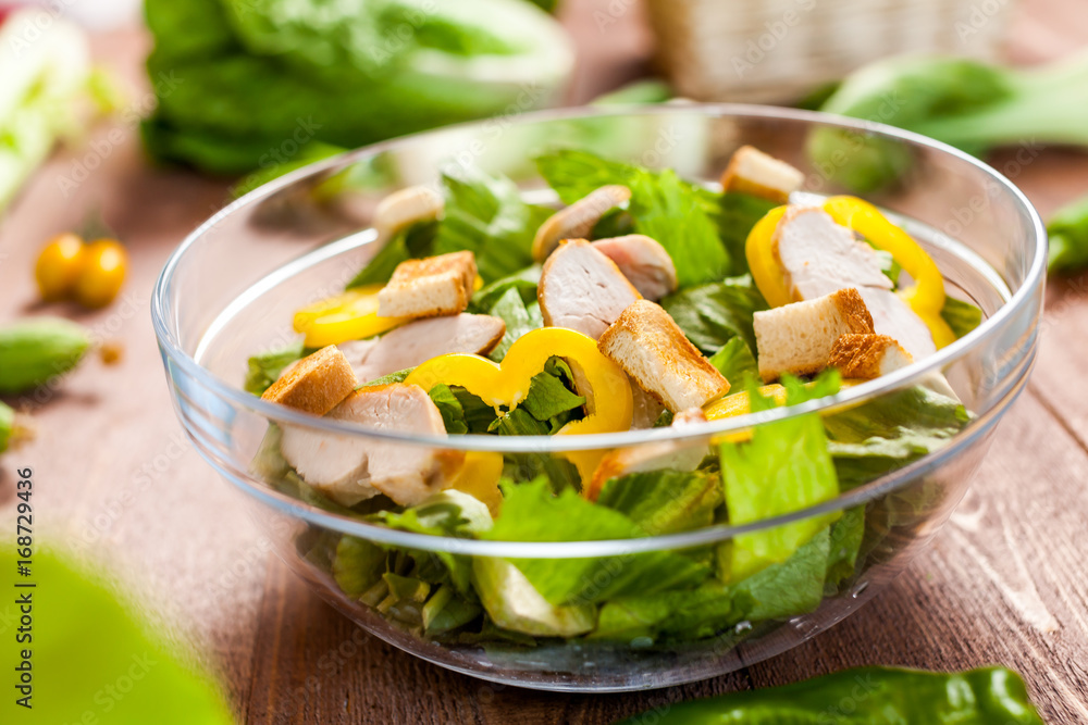 chicken salad bowl on kitchen table, balanced diet chicken salad bowl on kitchen table, balanced diet