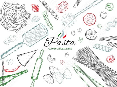 Cooking Italian Pasta template. Different types of pasta. Vector hand drawn illustration. Isolated objects on white. Sketch style