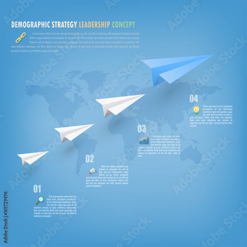 Demographic Strategy leadership concept with Origami paper plane style on layer step background. Include flat icons set glass, megaphone, graph and light bulb.