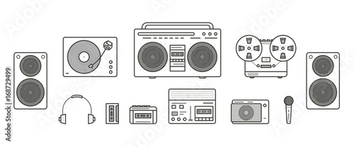 Sound systems retro collection. Portable player, headphones, cassette player, stereo system, speakers, record player, tape recorder, mic, radio, vinyl player. Contour vector line art illustration set