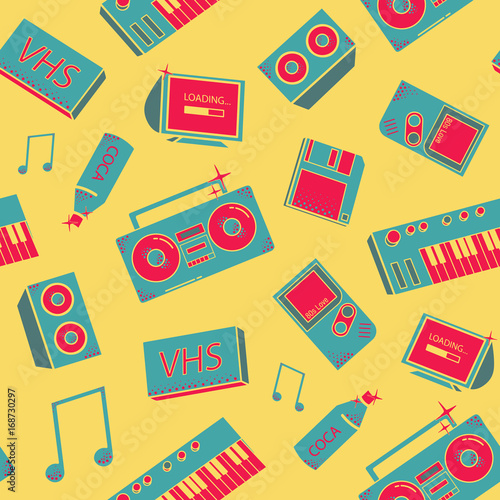 Seamless pattern with old school things. background with synthesizers, tape recorder, phone and other elements.