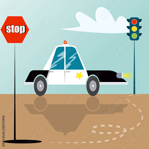 Cartoon police car on a road with stop sign and trafic light