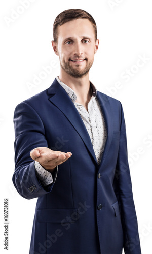 Man shows outstretched hand with open palm. photo