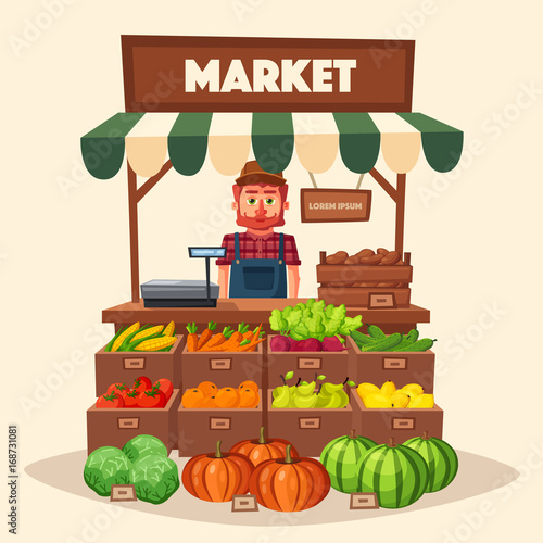 Farm shop. Local stall market. Selling vegetables. Cartoon vector illustration.