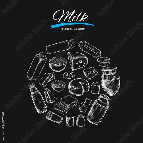 Dairy products vector collection. Cow, milk products, cheese , butter, sour cream, curd, yogurt. Farm foods. Cow Hand drawn illustration Isolated objects on white