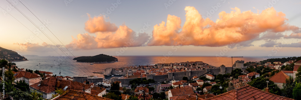Sunrise Over Dubrovnik City Center Fortress Landscape Cloud Panorama