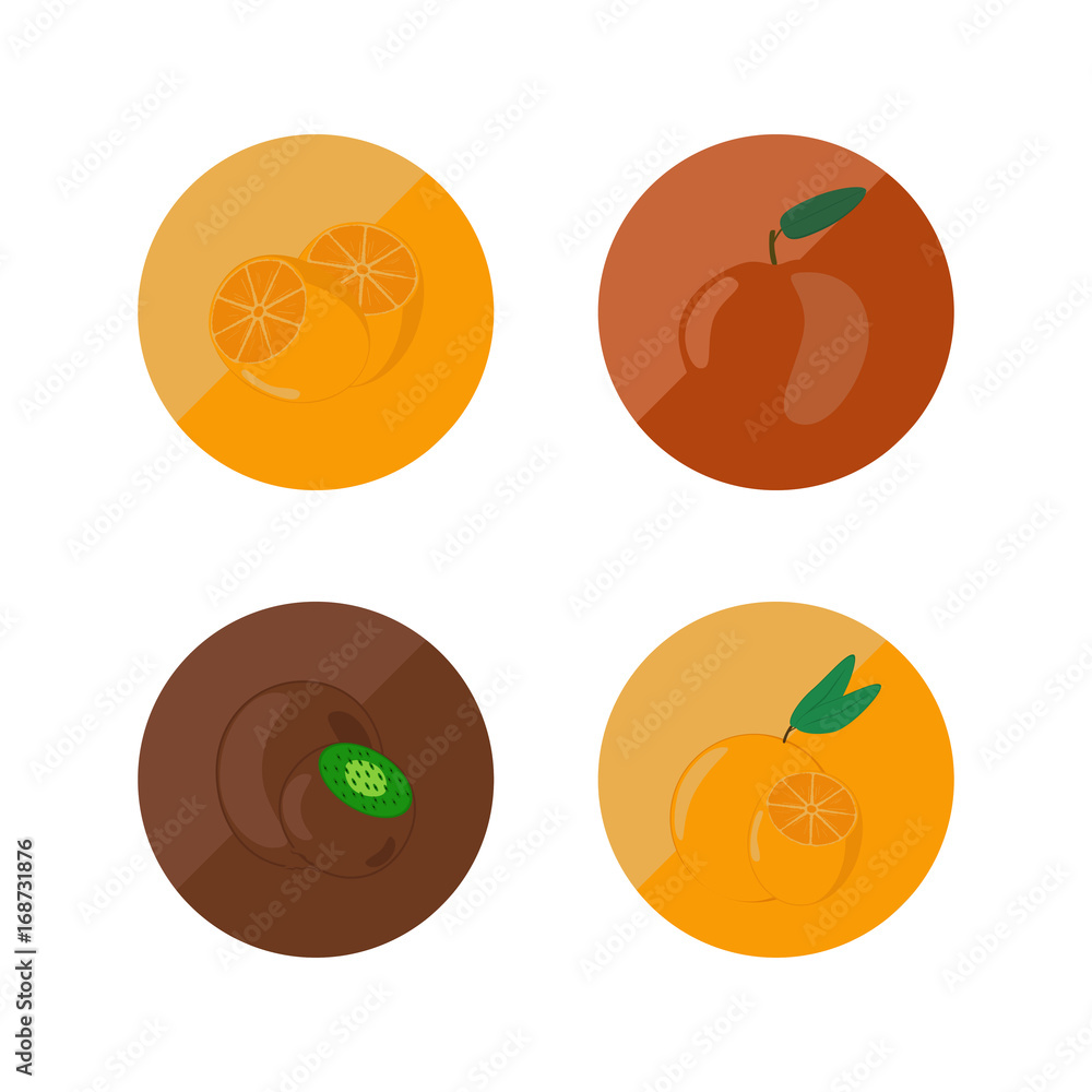 Orange, apple, kiwi and mandarin round icons Orange, apple, kiwi and mandarin round icons