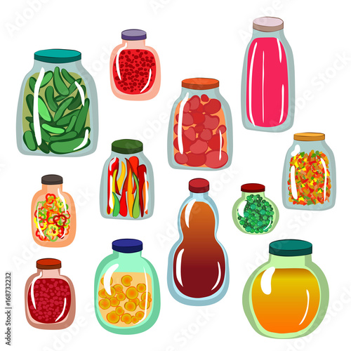 Collection of icons of pickled vegetables in glass jars. Vector illustration. Isolated elements set in cartoon style.