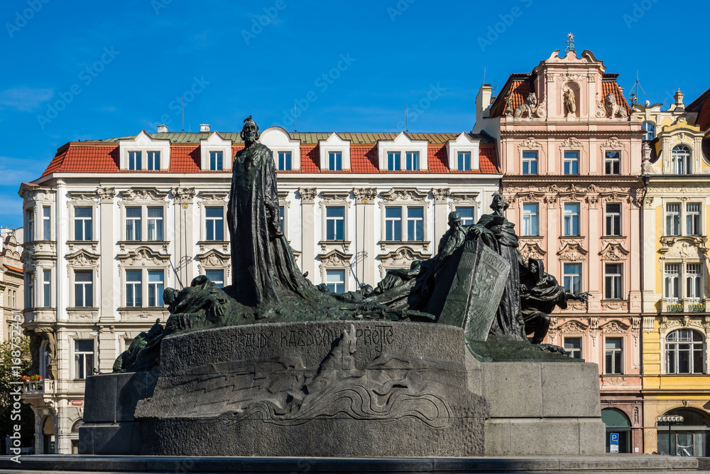 Jan Hus Memorial in Old town square in Prague, Czech Republic