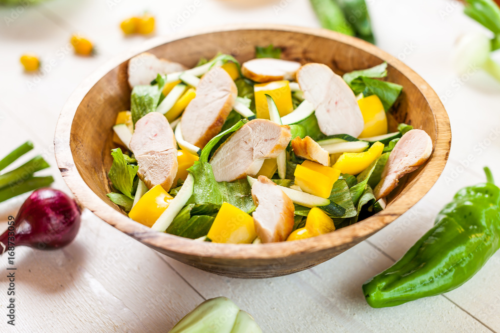 chicken salad bowl on kitchen table, balanced diet chicken salad bowl on kitchen table, balanced diet