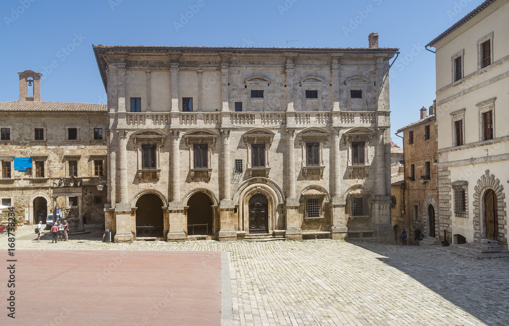 The famous Palazzo Nobili Tarugi palace, Piazza Grande square, in the historic center of Montepulciano, Tuscany, Italy