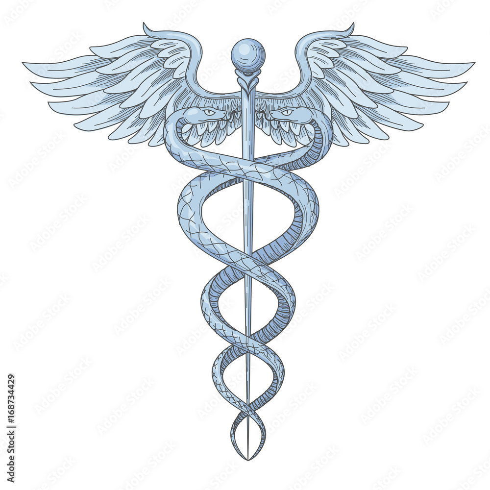 Cadeus Medical medecine pharmacy doctor ancient high detailed symbol.  Vector hand drawn linear two snakes with wings sword background. retro  culture hospital old element. Blue navy Tattoo design. Stock Vector | Adobe