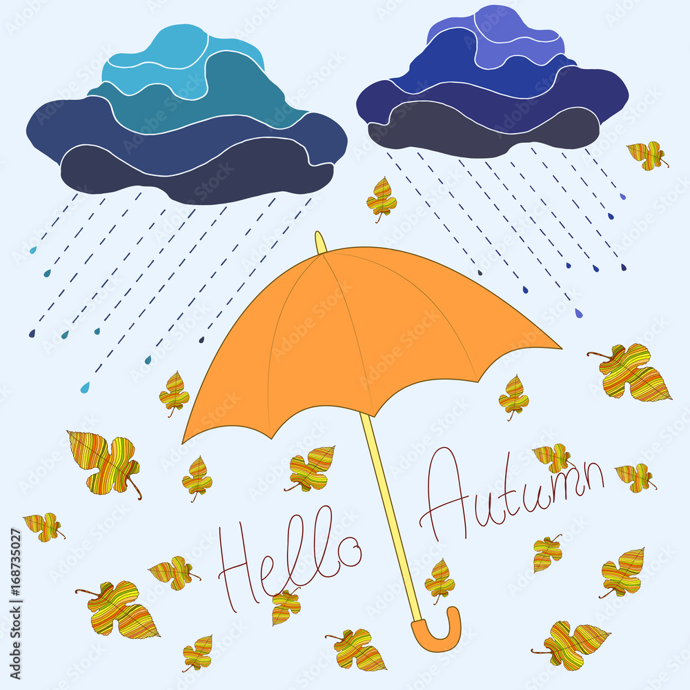 Autumn, decorative beautiful background, cartoon style, umbrella orange, two clouds with raindrops, whirling leaves, text hello autumn, isolated pale blue background.