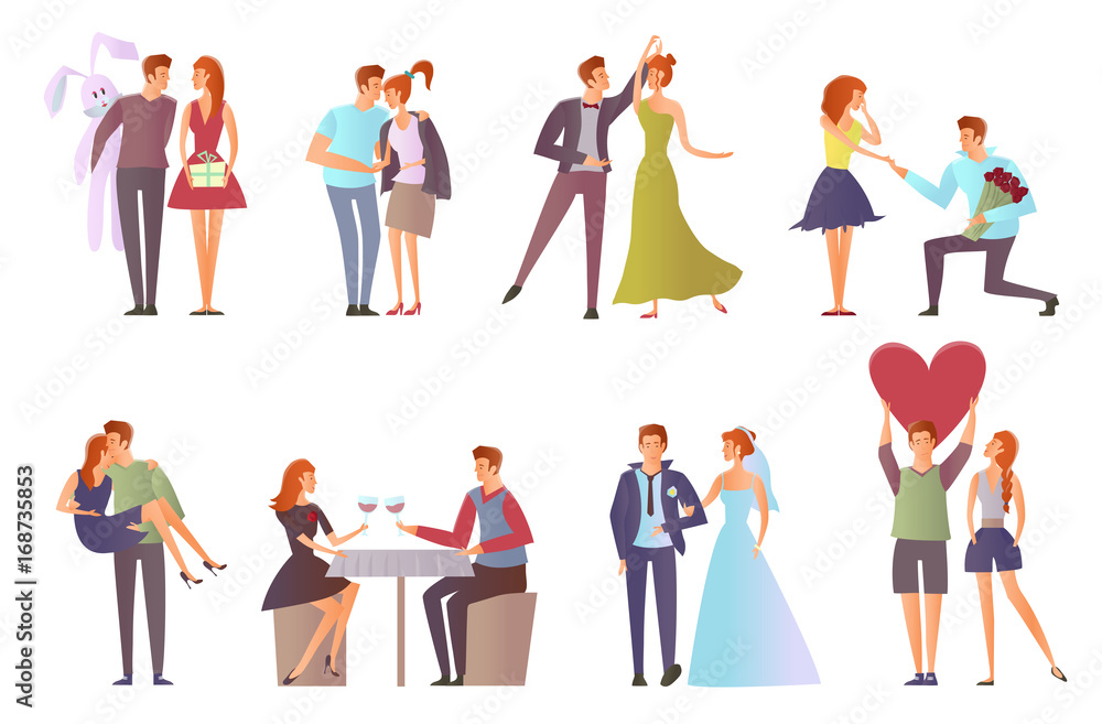 Romantic set for Valentine's day. Young man and woman. Cute Couple in love on a date. Walk, dance, romantic dinner, offer hands and hearts. Vector illustration, isolated on white background.