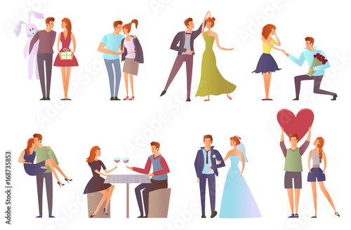 Romantic set for Valentine's day. Young man and woman. Cute Couple in love on a date. Walk, dance, romantic dinner, offer hands and hearts. Vector illustration, isolated on white background.