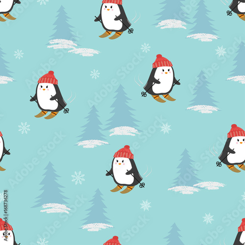 Cute cartoon skiing penguins seamless pattern. Vector winter Christmas background.