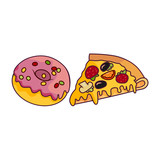 Vector donut with pink glaze icing and sprinkles, pizza slice set. Flat cartoon isolated illustration on a white background. Sweet delicious dessert food, snack, fast food