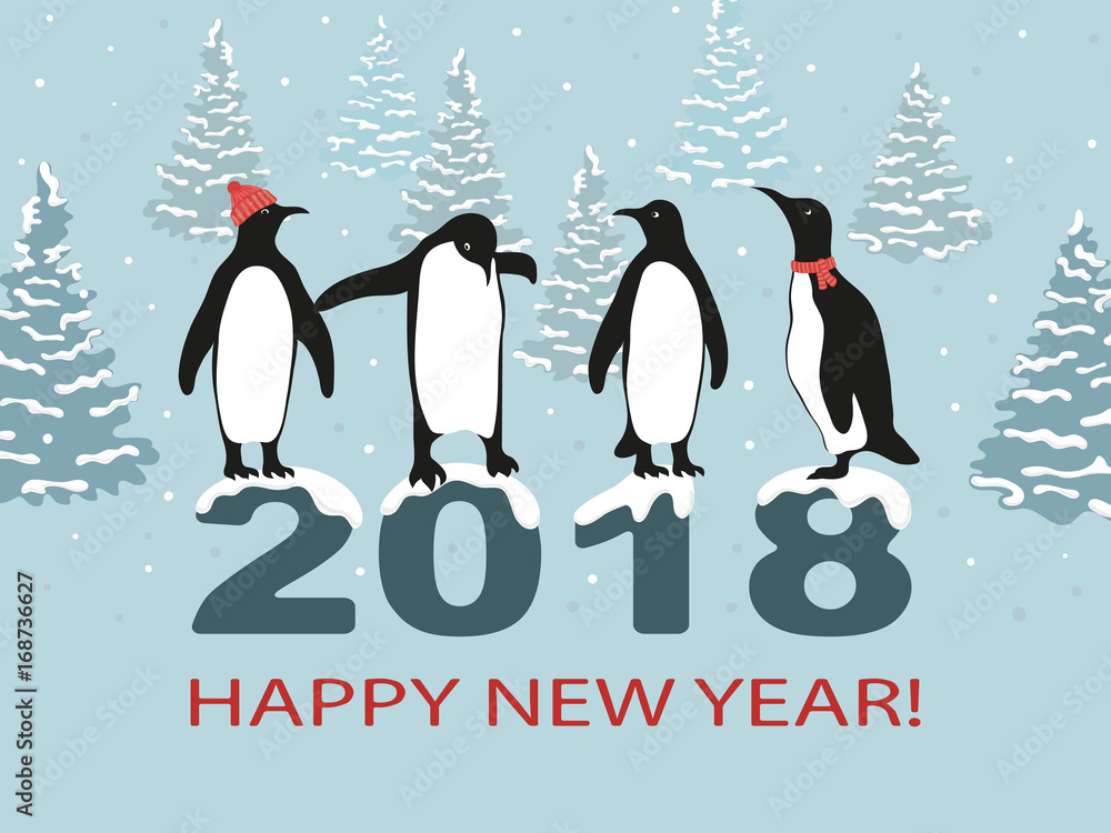 Obraz premium Happy New Year 2018 greeting card design with cute penguins. Vector illustration.