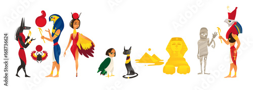 vector cartoon flat Egypt gods and sacred symbols set. Isolated illustration on a white background. Amon Ra Anubis scarab , cat mummy sphinx Egyptian pyramids bird