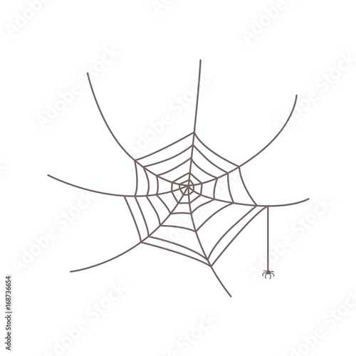 Simple black and white round web with a little, tiny spider hanging from it, isolated cartoon vector illustration. Little spider hanging from its web, Halloween symbol, decoration element