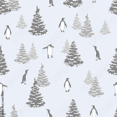 Abstract winter seamless pattern with penguins and fir trees. Vector Christmas background.