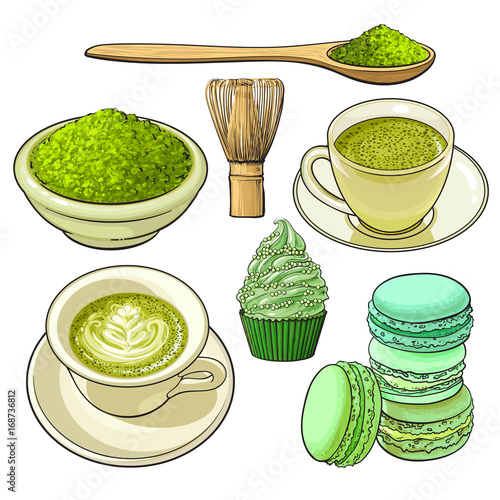 Set of matcha powder, wooden spoon and whisk, green tea and latter cup, cupcake, macaroni, sketch vector illustration isolated on white background. Realistic hand drawing of matcha green tea and food
