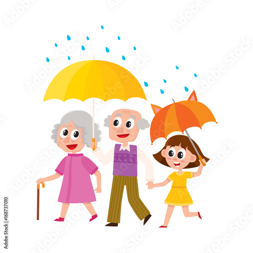 vector grey-haired man and woman walks in the rain happily keeping umbrella in hand. Flat cartoon isolated couple illustration on a white background