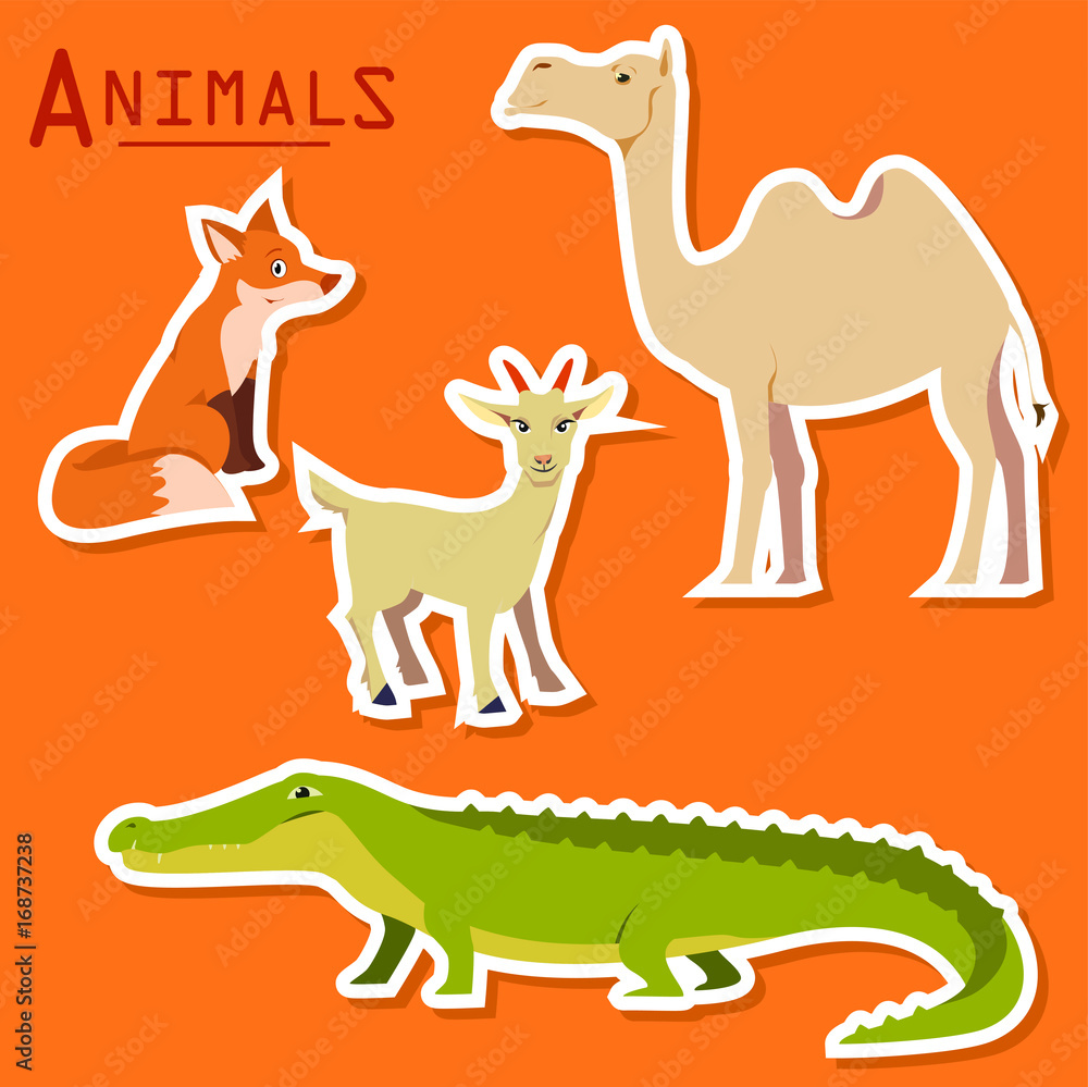 Obraz premium Vector illustration of cute animal set including fox, camel, goat and crocodile.