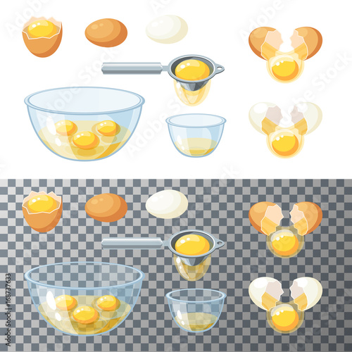 Set of egg cooking. Break brown and white egg and pour into glass bowl. Raw eggs with yolk in a bowl. Egg yolk separator over a bowl with albumen. Vector illustration flat icon isolated on white.