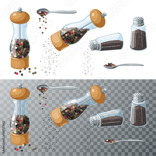 Pepper collection. Transparent glass mill, filled pepper peas. Pepper shaker, pouring ground pepper. Spoon with peppercorns. Vector illustration cartoon set flat icon isolated on white.